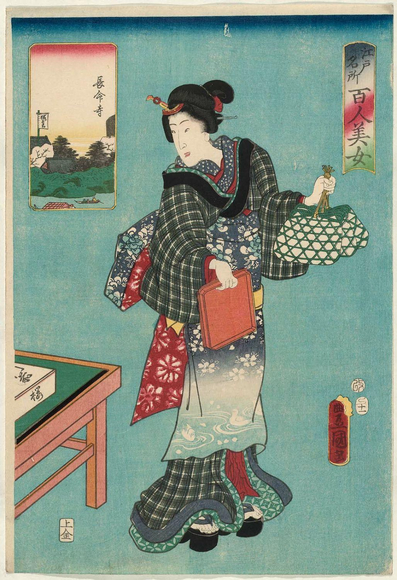 Woodblock print - Chomei-ji (from the series One Hundred Beautiful Women at Famous Places in Edo).

Image thanks - https://ja.ukiyo-e.org