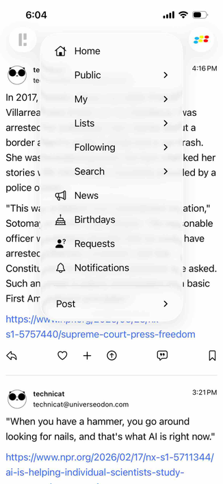 screenshot of a home feed with the main menu showing an option to view birthdays