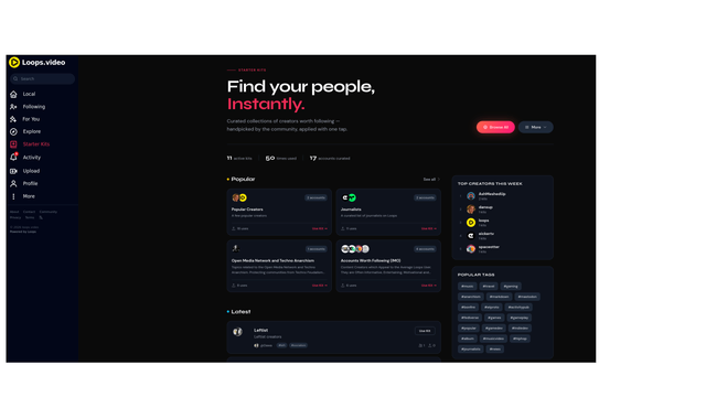 Screenshot of the new Starter Kits feature on loops.video as of late March.