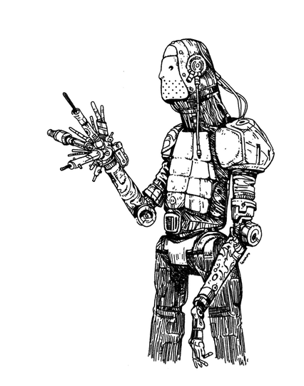 Drawing of an humanoid robot looking at their multi-tool hand