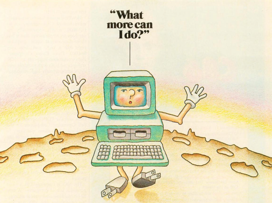 An anthropomorphized teal desktop computer standing on a barren, rocky landscape, arms raised and palms open in exasperation, with a bewildered human face displayed on its CRT screen. A speech bubble above reads "What more can I do?”