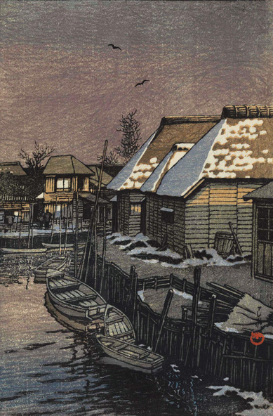 Dusk at Urayasu, Chiba. Empty 'bekabune' type boats are tied up alongside a canal; a row of houses stands overlooking them, snow melting on their thatched roofs. Above, a pair of birds wheel in a sky turned dusty purple with the onset of the evening.