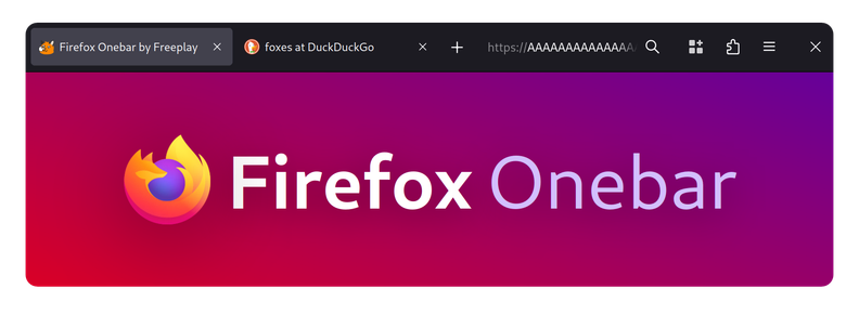Firefox Onebar: showing the tabs & toolbox both combined into one bar. The page shows the text Firefox Onebar in the style of the Firefox wordmark, the background is a diagonal red to purple gradient
