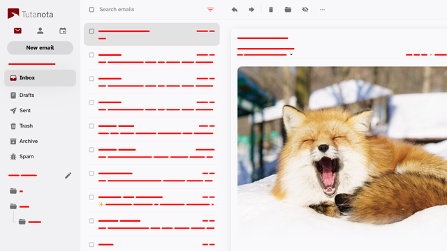 Tutanota with the UserStyle applied, in the preview is shown a curled up fluffy red fox on the snow that is yawning, facing towards the camera