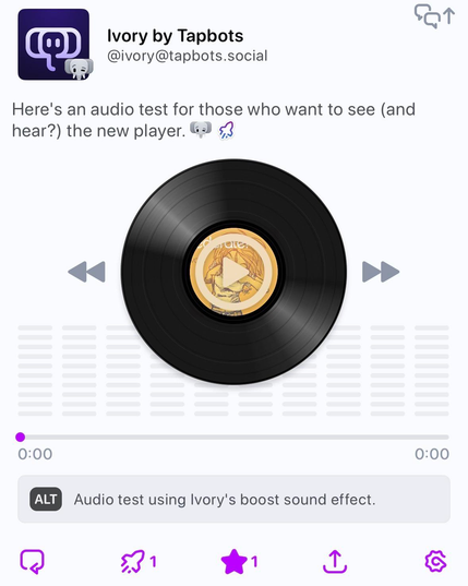 Screenshot of a Mastodon post by @ivory@tapbots.social in the Ivory app. The post showcases the app's new audio player: a black vinyl record with a golden label displaying the album cover "Federate! Vol. 1" – an anime-style sketch of a figure covering their ears. Below it is a progress bar (0:00 / 0:00) along with an ALT tag reading "Audio test using Ivory's boost sound effect." Rewind and fast-forward buttons are visible to the left and right of the record.