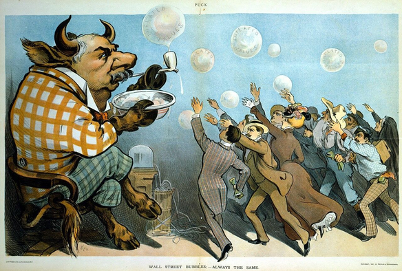 A 1901 cartoon depicting financier J. P. Morgan as a bull blowing bubbles, with eager investors around. From WikiMedia.