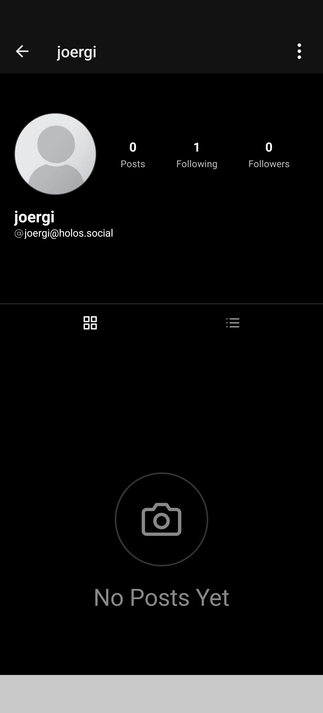 screenshot from the Pixelfed app, showing @joergi@holos.social without a following button