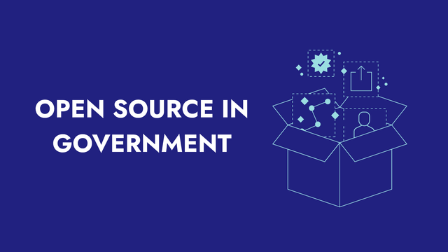Navy blue background with title "Open Source In Government". Illustration of an open box with assets.