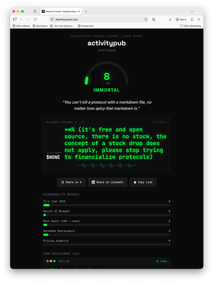Screenshot of the service result: +∞% (it's free and open source, there is no stock, the concept of a stock drop does not apply, please stop trying to financialize protocols)
