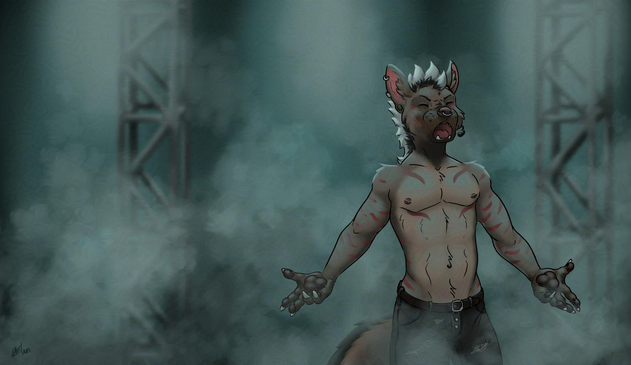 Digital painting of an anthropomorphic hyena singing at a concert. His eyes are closed, his maw open, his arms extended at his sides. He is shirtless, wears jeans, and he's standing in the smoke. The background is green, the hyena is brown.