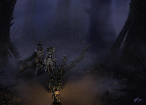 Three characters are walking in a forest by night. An anthropomorphic raccoon, dressed as a knight with a sword, an anthropomorphic critter whose species can't be identified but looks like some kind of mouse, both guided by a canine spirit wearing a lantern around the neck. Colours are blue and orange.