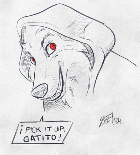 Portrait of Death for Puss in Boots 2. It's a doodle, only his eyes are coloured in red. He says "pick it up, gatito" and wears his hood.