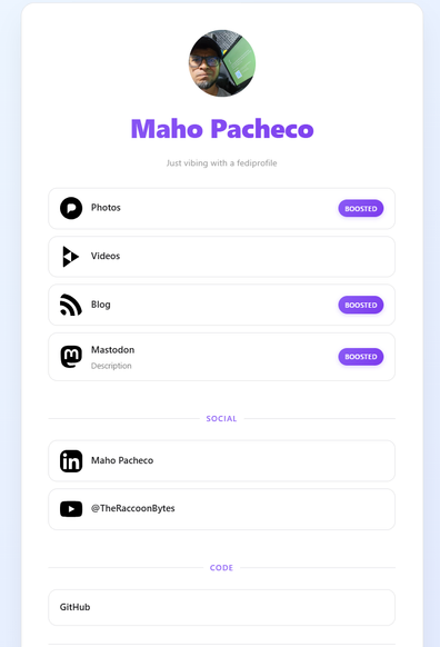 A screenshot of links in rows, showing a profile with Pixelfed, Blog, Mastodon, LinkedIn links among others.