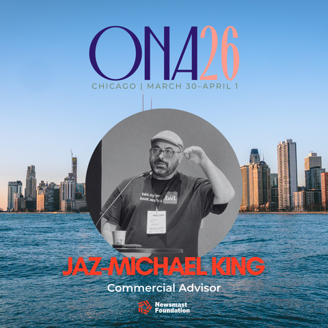An image of Chicago river with a skyline filled by skyscrapers. Over the image is a black and white photograph of a man wearing glasses and a flat cap. He is talking animatedly. On his t-shirt Tŵt branding can be seen.

The text on the image reads: ONA26 Chicago March 30-April 1. Jaz-Michael King. Commercial Advisor. Newsmast Foundation.