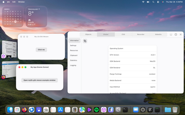 Two puregotk-based apps on the left, the GTK inspector on the right. All of this is running on macOS Tahoe.