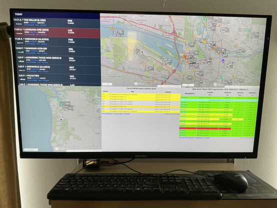 wall-mounted monitor and hanging shelf with a Raspberry Pi computer displaying live data of interest to aviation and space geeks:
* JetTip arrival and departure board for PDX Airport (subscription required)
* ADS-B displays (using adsb[.]lol maps showing aircraft at and near PDX (crowdsourced free web site)
* ADS-B display of current Boeing test flights in the Pacific Northwest (crowdsourced free web site)
* NOAA Space Weather Prediction Center SWPC alerts (indicates possibility of aurora, current + past 24 hours) using my pull-swpc-alerts software (Open Source)
* NASA JPL asteroid fly-bys for the past 2 weeks to forward 2 months using my pull-nasa-neo software (Open Source)
photo by Ian Kluft
March 14, 2026 (Pi Day!)
Portland, Oregon, USA
