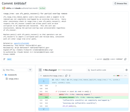 GitHub screenshot with commit in the freebsd-src project. The commit has one file and one line in it changed. And it is "coauthored" with Claude.