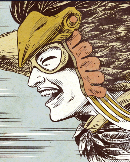 Detail of a comic panel done in ink and muted colours, It shows a close up of a man side from the side, in an elaborate, central-american-looking bird costume laughing. Speedlines suggest horizontal motion.