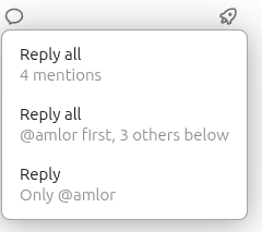 Screenshot of a pop-up box, offering a simple Reply All;  Reply All with the author mentioned first and the others below the cursor; or a single Reply