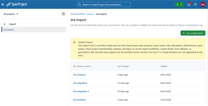 OpenProject Jira Migrator in beta version: Jira import with warning about limited import, below listed several imports.