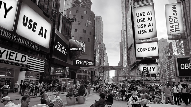 Outdoor billboards scene from the movie They Live, but several of the ads say USE AI