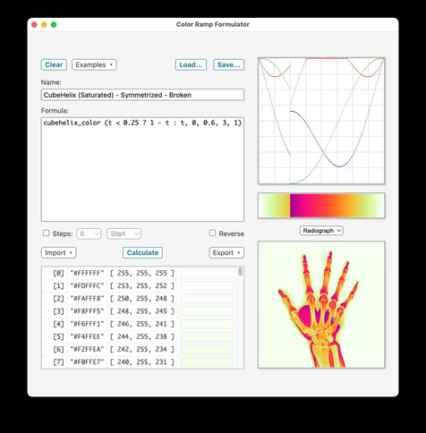 Screenshot of the open-source application Color Ramp Formulator v6.4.0 (main window)
