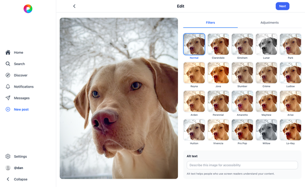 New Pixelfed Compose UI with filters in light mode
