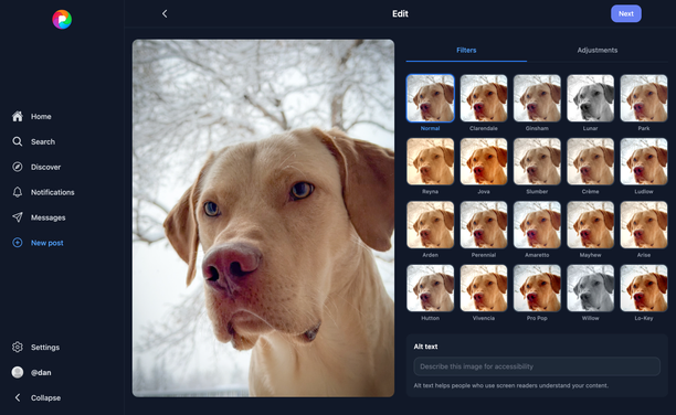 New Pixelfed Compose UI with filters in dark mode