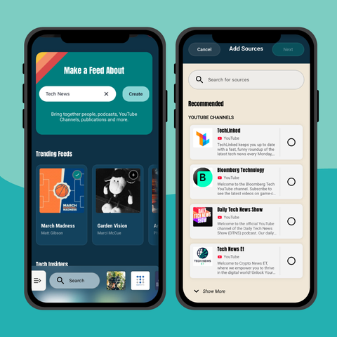 Two screenshots of the Surf app, one showing the Discover page with "Tech news" in the search bar, and the other showing the results of that search for Tech news.