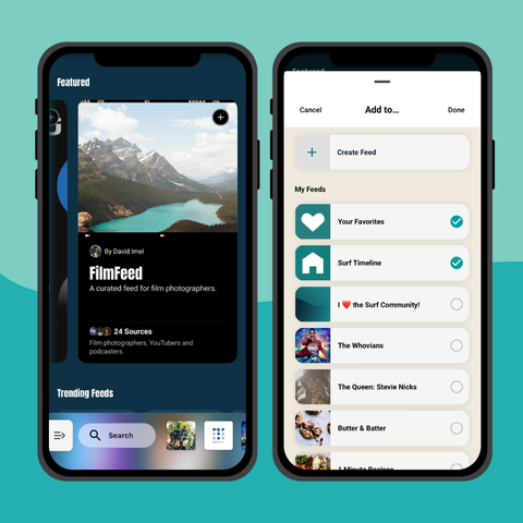 Screenshot of the Surf app showing David Imel's FilmFeed on the left and what happens if you hit the + button on the right.