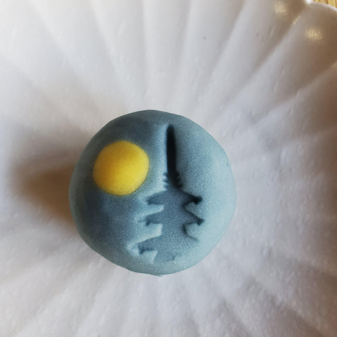 A blue sweet imprinted with a pagoda beneath a full moon...inspired by Ninna-ji's own pagoda.