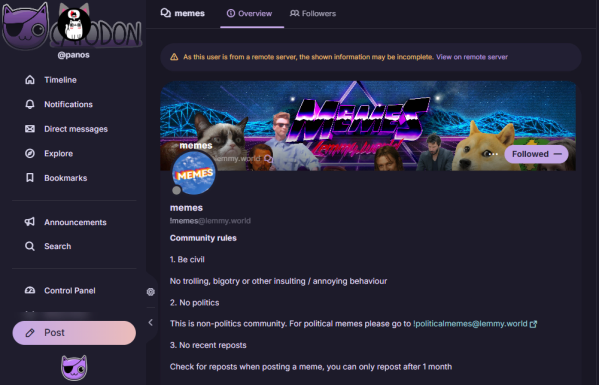 Screenshot of Lemmy community viewed in Catodon