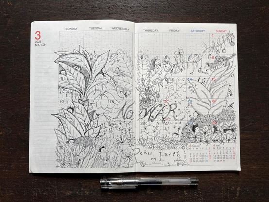 A planner open to March 2026. The illustrations are drawn one square a day, forming a single large image by the end of the month, featuring children and small, strange animals behind plants and flowers. 