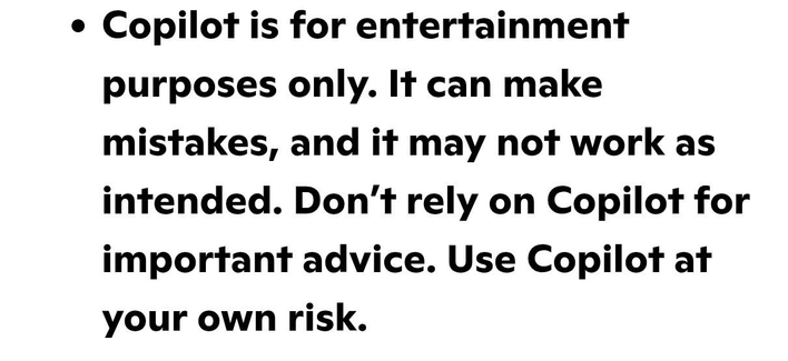 MS Terms and Services stipulating that Copilot is just a toy for "entertainment purposes".