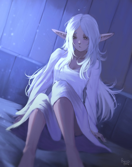 an elf wearing a nightgown sits on a bed, she has a solemn expression. moonlight flows in from a nearby window
