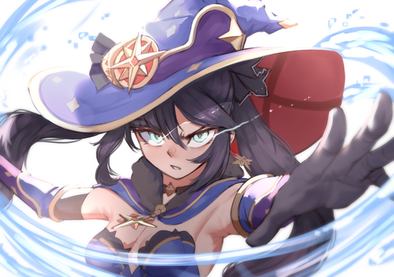 mona from genshin impact, in the middle of casting a spell as streams of water swirl around her