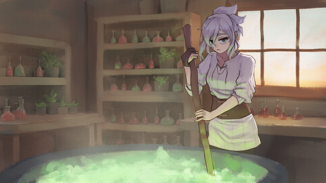 an alchemist stirs a cauldron filled with bubbling green liquid. the morning sun shines through the window filling the room with a soft light