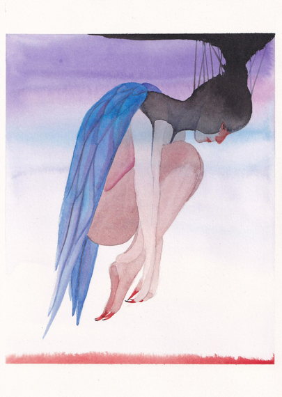Dessin d'un personnage ailé semblant inconscient ou plutôt le regard dans le vide, connecté par des fils noirs au niveau du crâne à un masse noire...