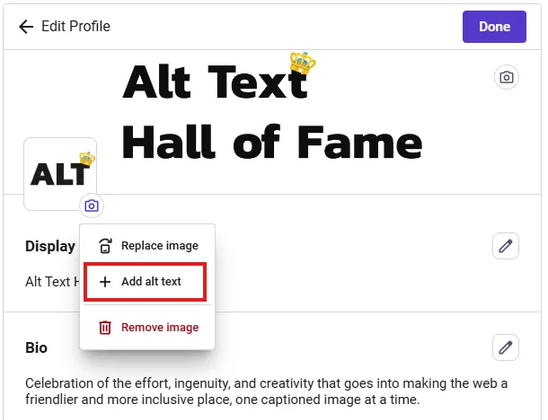 A screenshot of the profile edit interface on Mastodon, showing a menu with an "Add alt text" option highlighted.