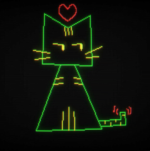 its haiiro, as a green cga mode cat wireframe. with a heart over his head and a wiggly tail tip. hes giving a super glaring side glance, but hes only filled with love.