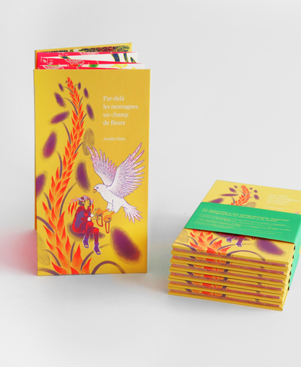 Photographie d’un leporello intitulé « Par-delà les montagnes, un champ de fleurs », présenté debout, à côté d’une pile de plusieurs exemplaires fermés et maintenus par un bandeau vert. La couverture jaune montre une scène illustrée avec un faucon gerfaut en train de voler, tendant une énorme graine à une femme assise sur une feuille de pilée géante. Cette image est imprimée en sérigraphie 3 couleurs, blanc, rouge et violet, sur papier jaune. Le leporello a été imprimé en sérigraphie.