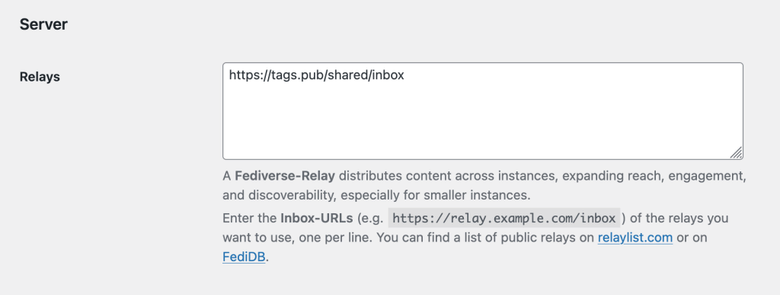 A screenshot of the Relay-Settings of the ActivityPub plugin.