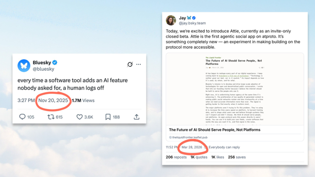 a photo montage showing two screenshots side-by-side. The first one, posted by Bluesky on X on November 20 2025 reads: "every time a software tool adds an AI feature nobody asked for, a human logs off" 

the second screenshot shows a post by Jay Graber on Bluesky (she's the former CEO) stating: "Today, we’re excited to introduce Attie, currently as an invite-only closed beta. Attie is the first agentic social app on atproto. It’s something completely new — an experiment in making building on the protocol more accessible." There is the link to an article that reads: "The future of AI should serve people, not platforms". It was posted on March 28, 2026
