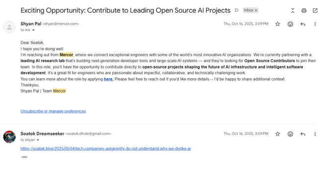 Recruiter spam from an AI company. I replied with a link to my anti-AI and anti-marketing posts.