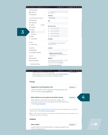 Features --> Privacy ---> Under Allow GitHub to use my data for AI model training -→ Click enabled.