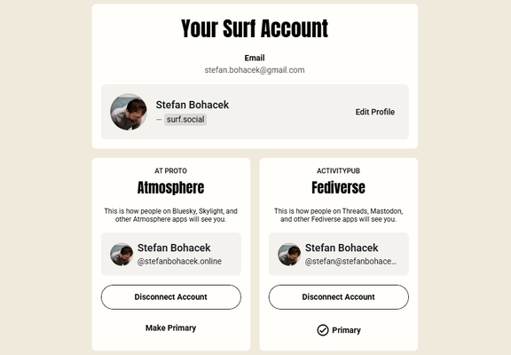 Screenshot of the Account Settings page showing my main Surf account on top and my connected Atmosphere and fediverse accounts in two columns below.

A brief explanation of each accounts, my profile images, and buttons for disconnecting accounts or making one of the other primary are also included on the page.