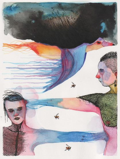 Dessin de deux personnages interconnectés? L'un a son bras connecté au crâne de l'autre avec son bras, l'autre est connecté au niveau du corps. Au-dessus d'eux vole un oiseau coloré avec des herbes sur sont dos, le tout enveloppé d'une sorte de nuage très sombre.