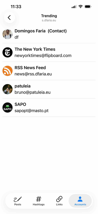 screenshot of a trending view with tabs for posts, hashtags, links, and accounts