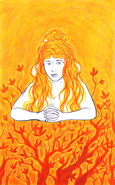Sur ce dessin réalisé aux crayons de couleur, on voit une femme représentée de face, les bras croisés et posés devant elle. Elle est sans ombrage, et ses traits sont dessinés au crayon bleu. Ses longs cheveux roux sont lâchés et remontés en chignon. Le fond de l’image est entièrement coloré en orange avec un dégradé de densité. Le bas de l’image a comme motifs de nombreuses branches rouges aux feuilles pointues, inspiré par des dessins sur des vases que j’ai vu au musée Guimet à Paris.