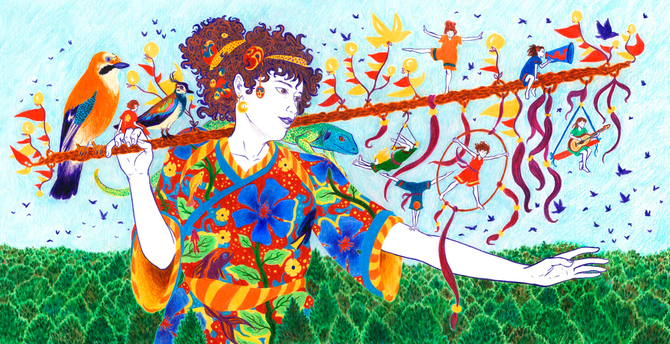 Sur cette illustration réalisée aux crayons de couleur au format très horizontal, on peut voir une femme géante de trois quarts qui porte un kimono rouge présentant des fleurs bleues et des poissons. Elle a les cheveux frisés, attachés avec un bandeau jaune décoré de motifs rouges, et dans lesquels se trouvent des sortent de petits masques décoratifs. Elle tient sur son épaule une grande branche décorée de fanion rouges et jaunes qui fait toute la larguer de l’image. Dessus sont perchés deux oiseaux, un geai des chênes et un vanneau huppé, ainsi que plusieurs petits personnages féminin. Certains jouent de la musique ou observent à la longue-vue, d'autres exécutent des figures acrobatiques avec des rubans et des cerceaux. En arrière-plan, on distingue une vaste forêt et un ciel parsemé d'oiseaux violets. Un lézard bleu et vert est niché sur les épaules de la femme.